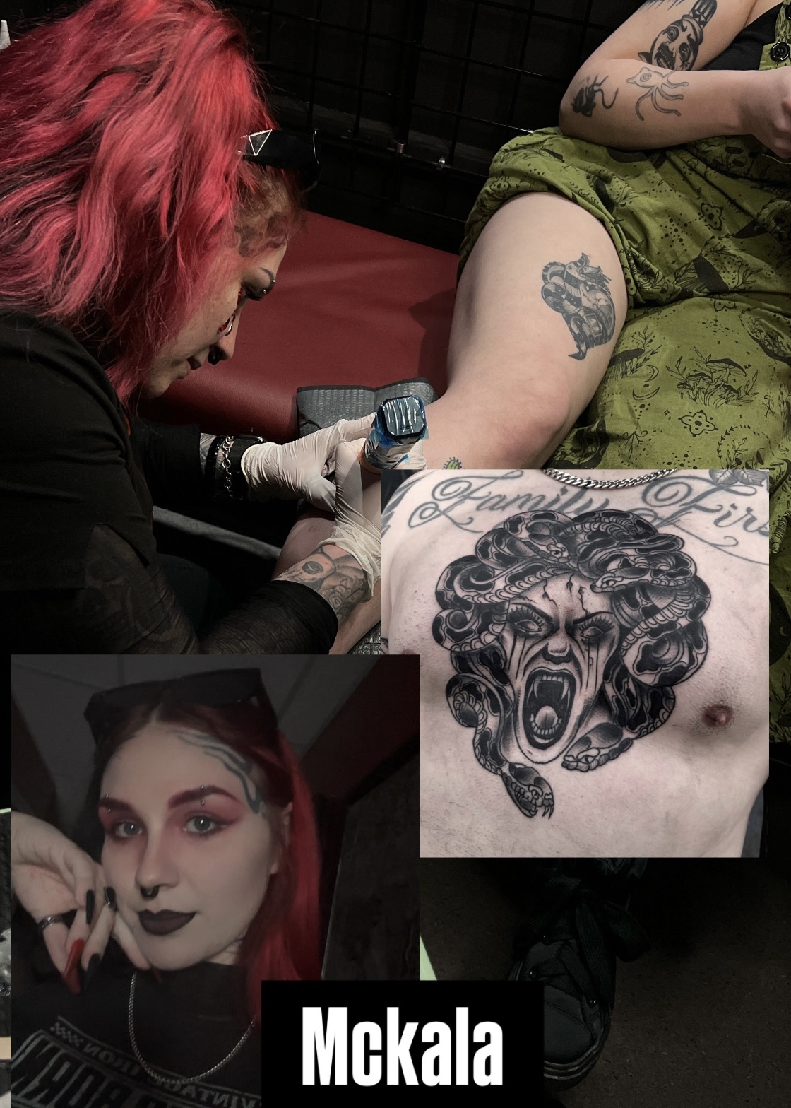 Portrait of tattoo artist McKala beside Medusa chest tattoo